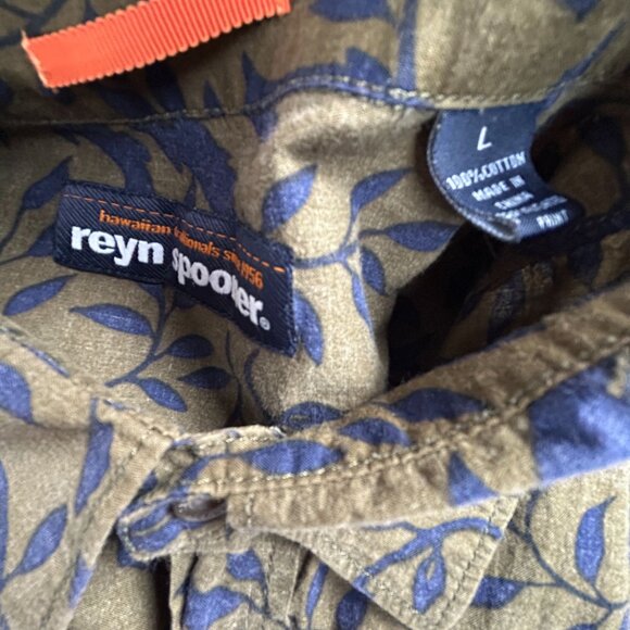 Reyn Spooner Mens Button Up Hawaiian Shirt Large Leaf Print Green/Blue Cotton - Picture 3 of 7
